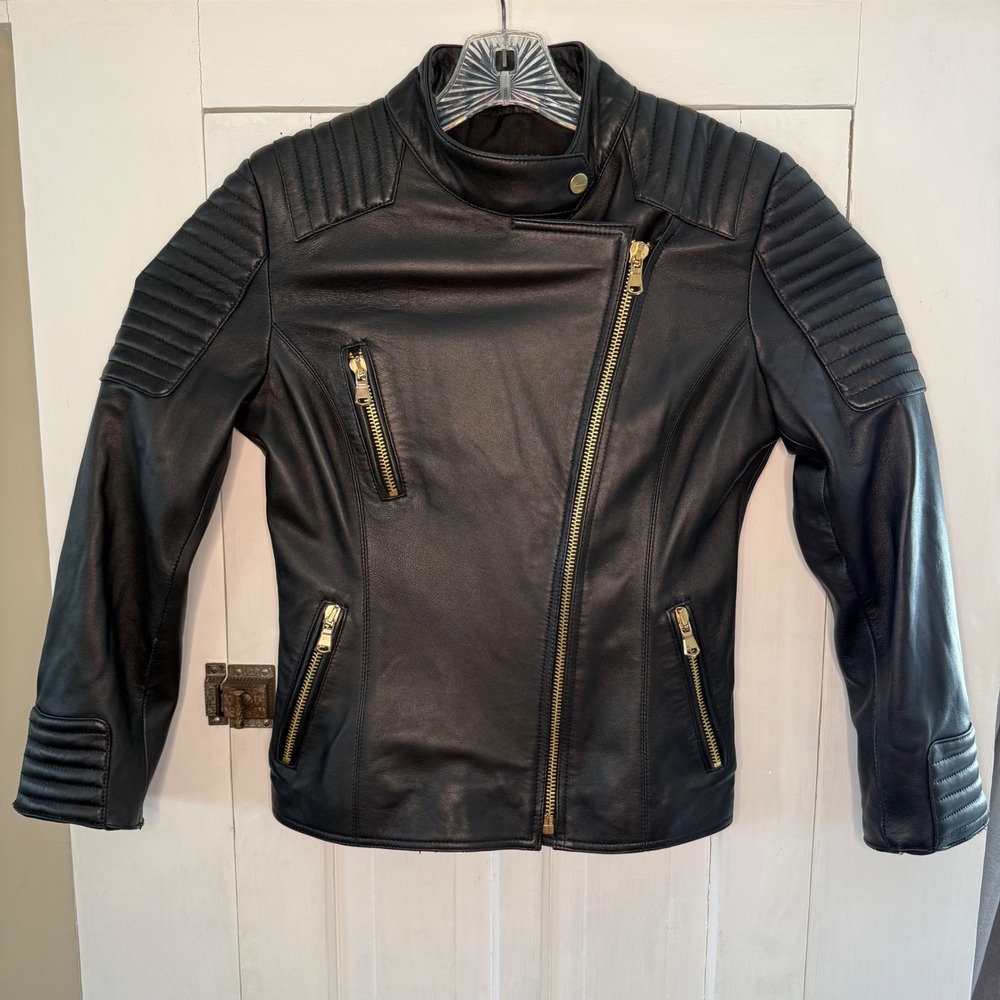 Froccella Donna Black Leather Size 44 Moto Biker Jacket Gold Hardware Women's